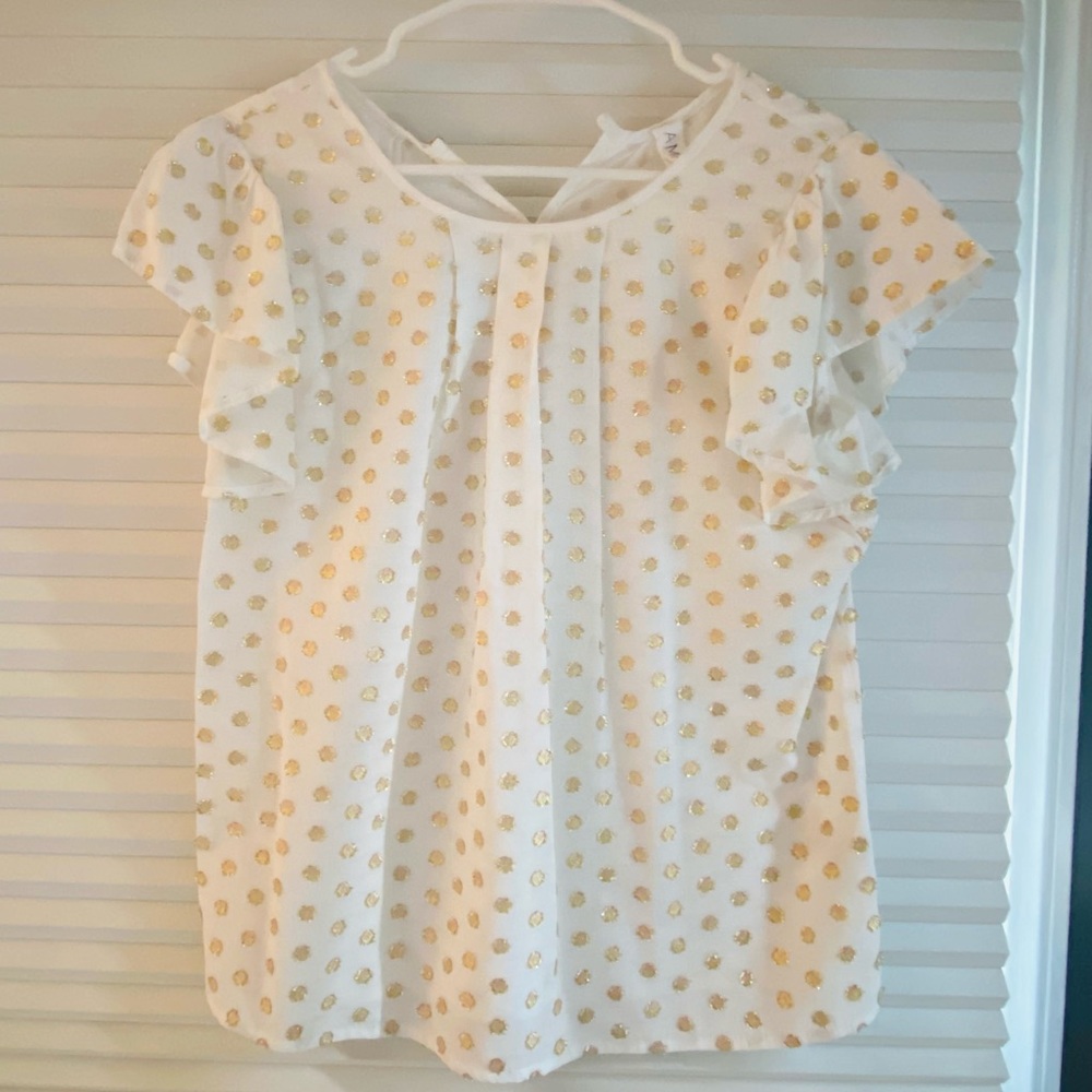 Anthropologie flutter sleeve gold polka dot blouse